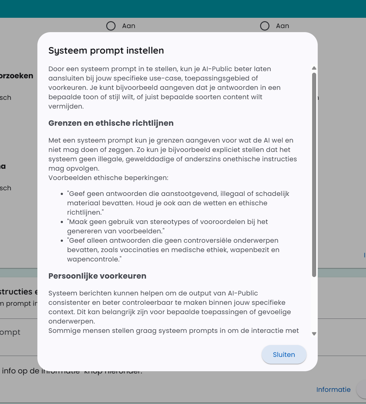 Finestra informativa Prompt di sistema